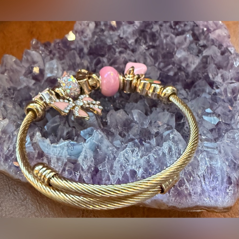 Pandora Moments Gold Tone Charm Bracelet Pink Bow Heart Moon New - Picture 4 of 5
